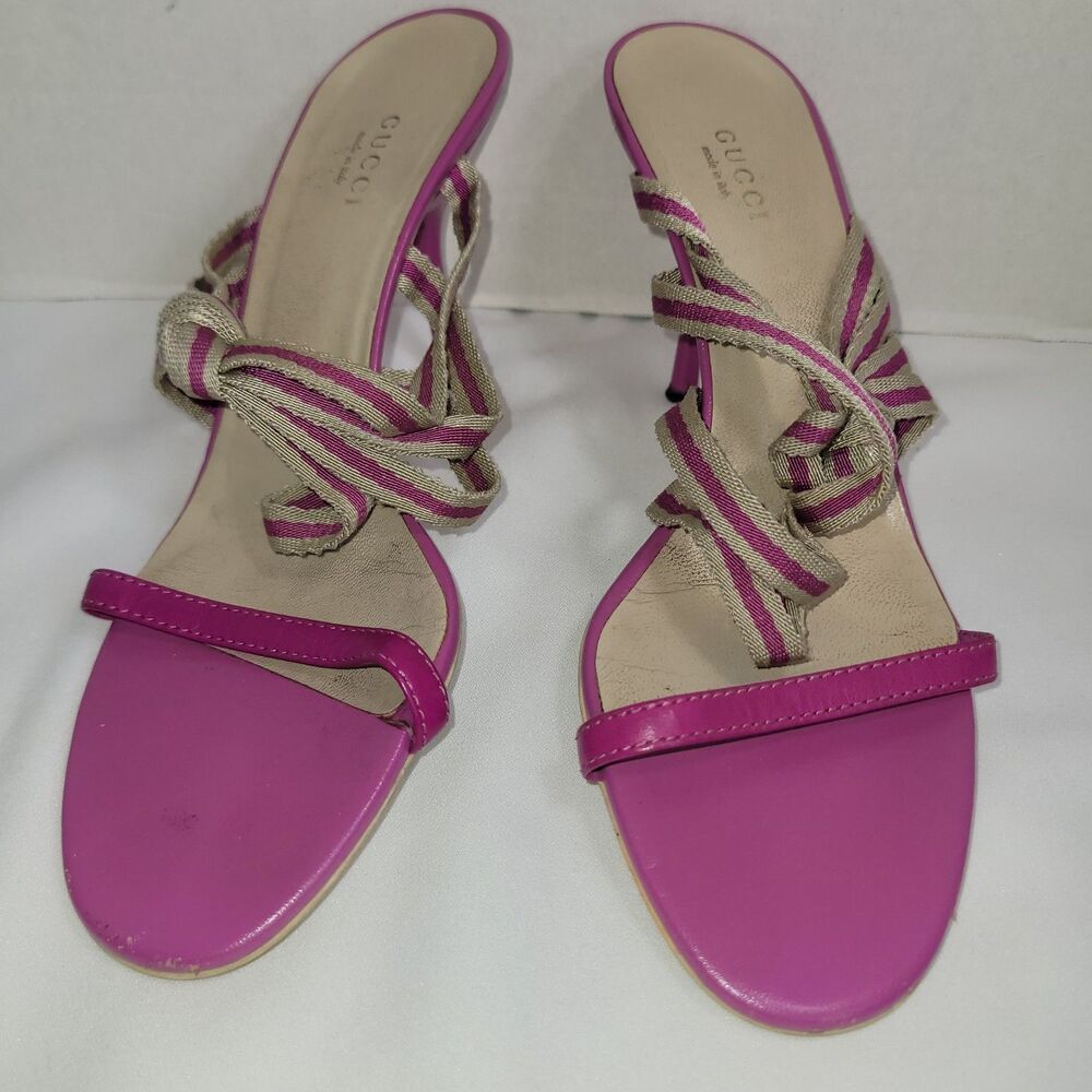 Gucci Womens 8 Pink Striped Knotted Mule Sandals Kitten Heel Made Italy *Fair